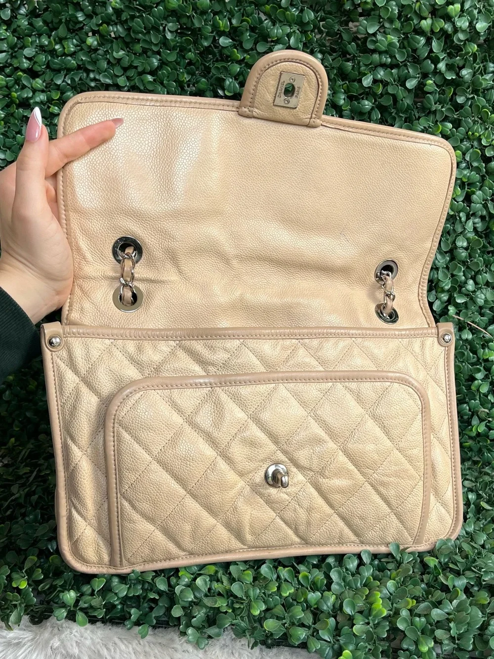 CHANEL Beige Quilted Leather Shoulder Bag with Silver-Tone CC